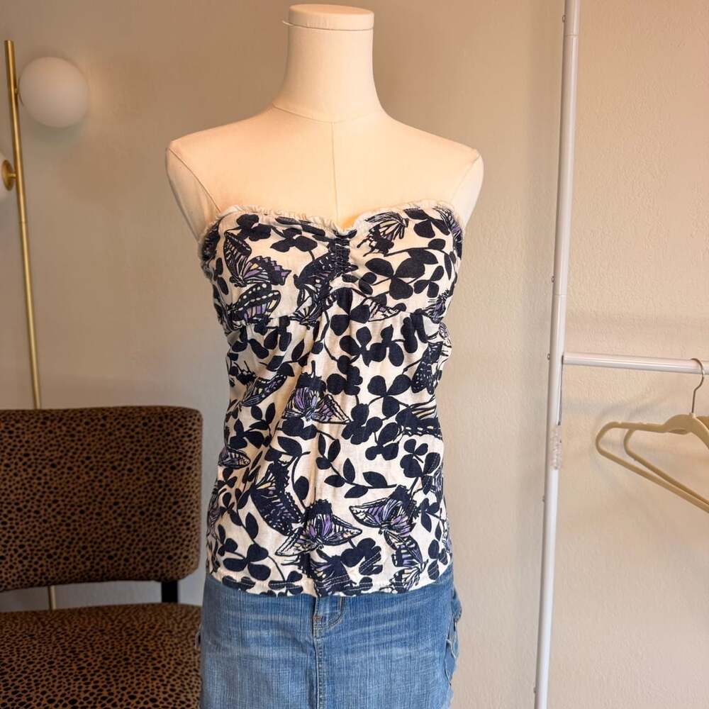 Aeropostale Black White Butterfly Floral Print Ruched Bandeau Tube Top XL